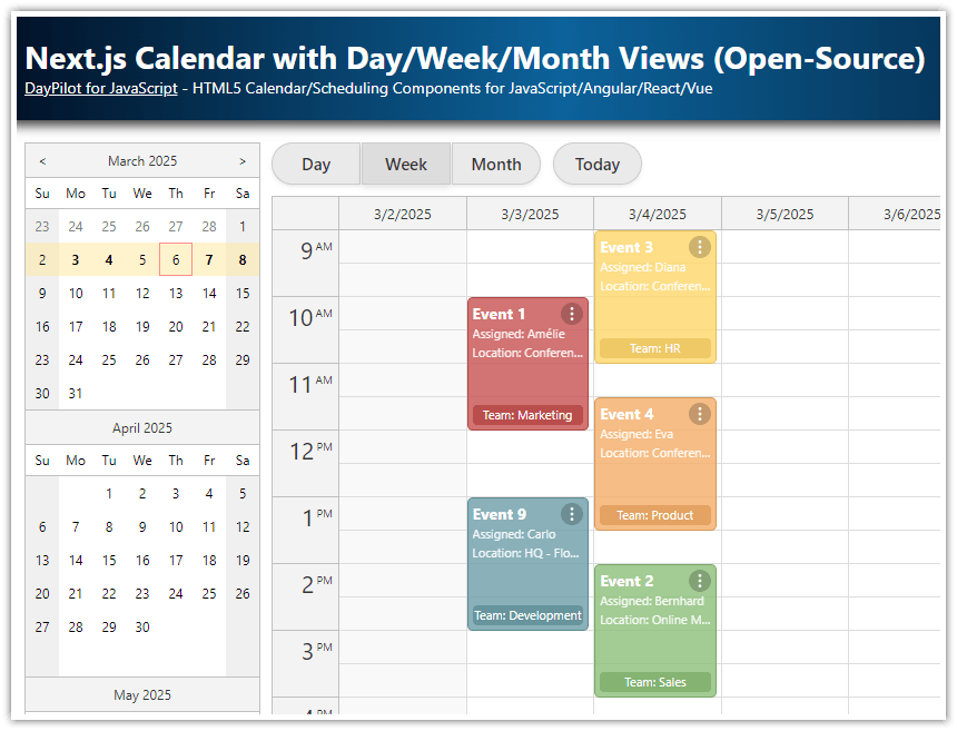 Next.js Calendar with Day/Week/Month Views (OpenSource) DayPilot Code